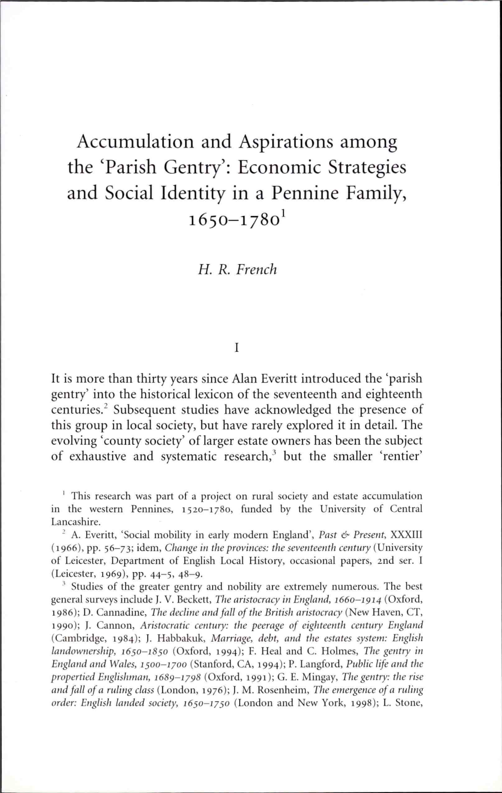 'Parish Gentry': Economic Strategies and Social Identity in a Pennine Family, 1650-1/80 1