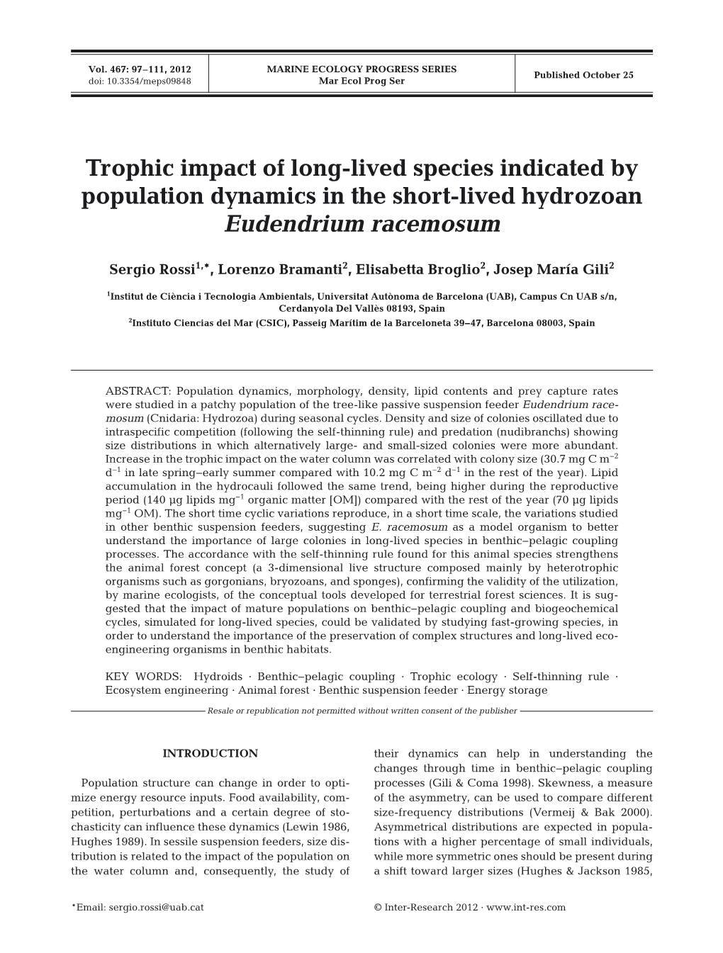 Trophic Impact of Long-Lived Species Indicated by Population Dynamics in the Short-Lived Hydrozoan Eudendrium Racemosum