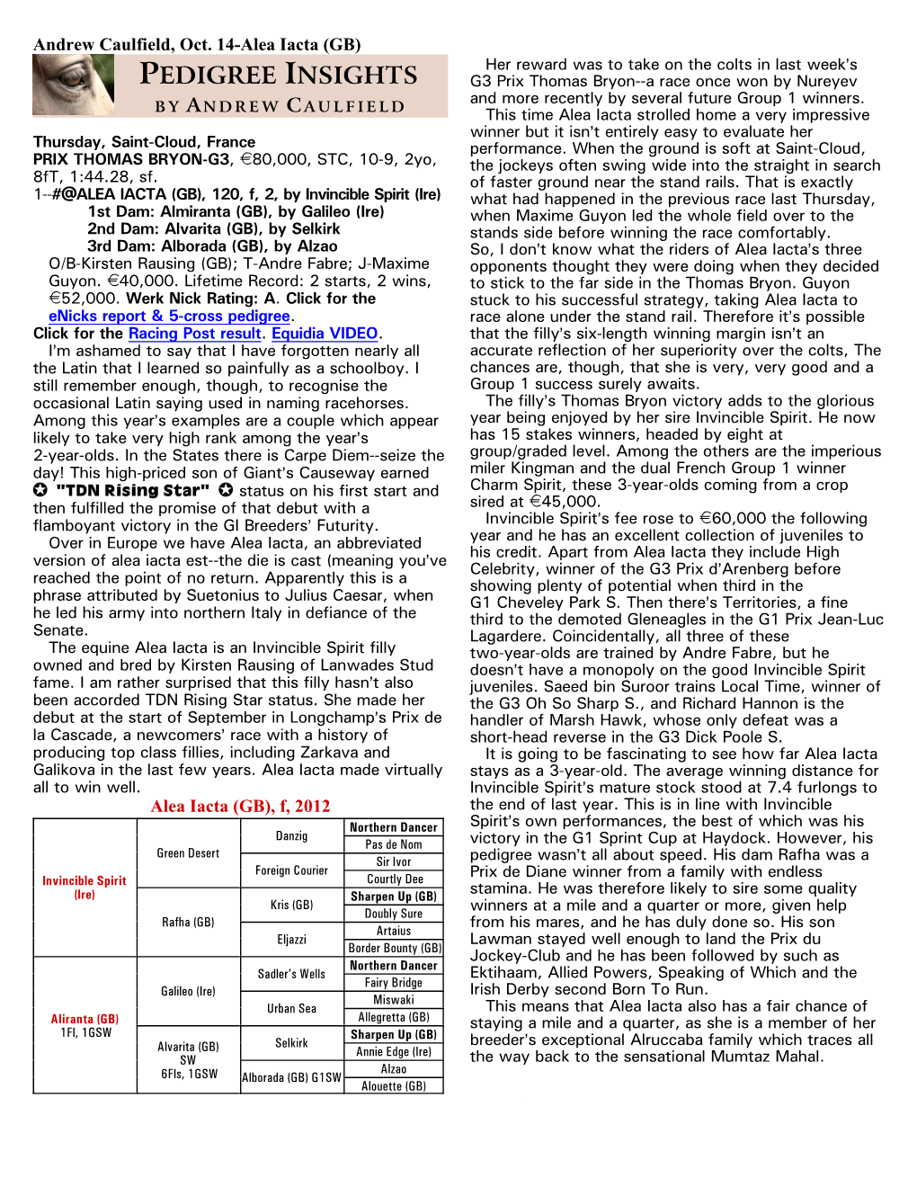 PEDIGREE INSIGHTS G3 Prix Thomas Bryon--A Race Once Won by Nureyev B Y a N D R E W C a U L F I E L D and More Recently by Several Future Group 1 Winners