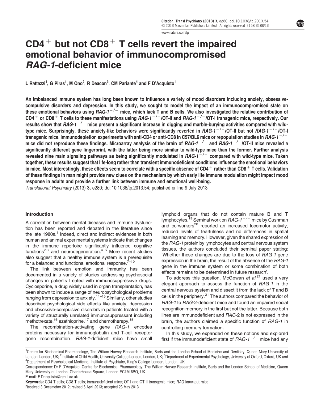 T Cells Revert the Impaired Emotional Behavior of Immunocompromised RAG-1-Deﬁcient Mice