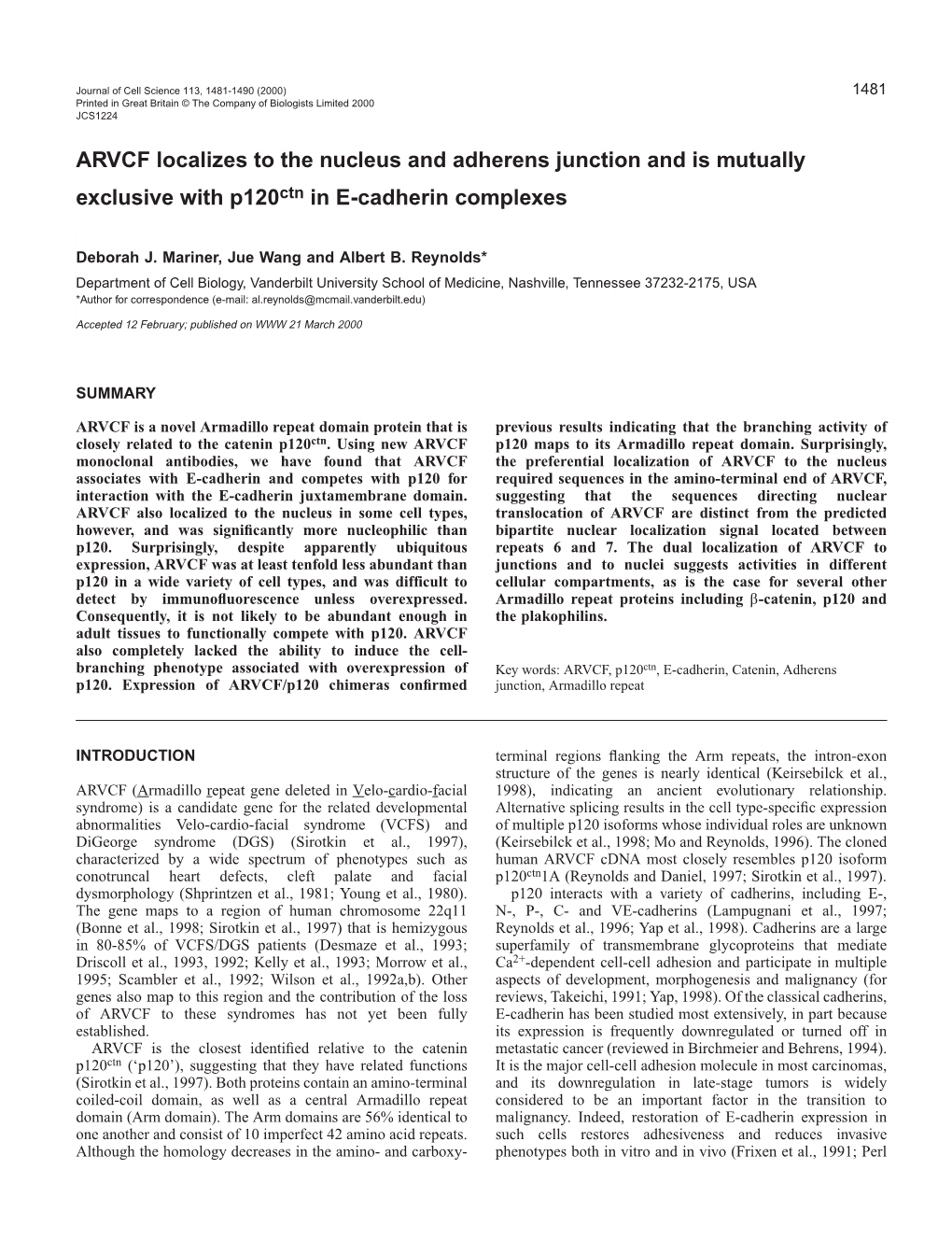 ARVCF in the Nucleus and Adherens Junction 1483 Minutes