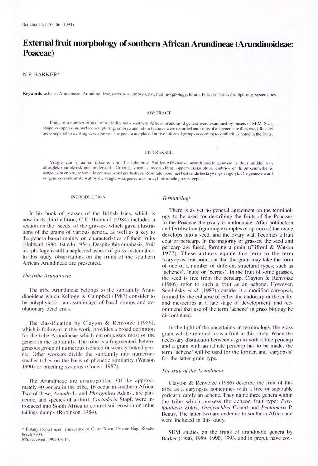 External Fruit Morphology of Southern African Arundineae (Arundinoideae: Poaceae)