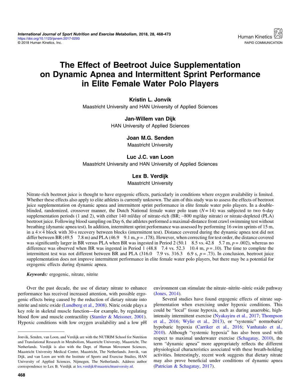 The Effect of Beetroot Juice Supplementation on Dynamic Apnea and Intermittent Sprint Performance in Elite Female Water Polo Players