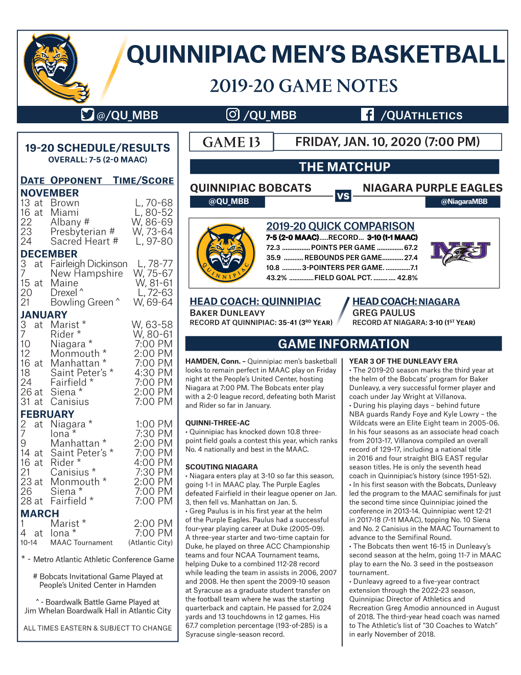 Quinnipiac Men's Basketball Page 1/1 Combined Team Statistics As of Jan 09, 2020 All Games