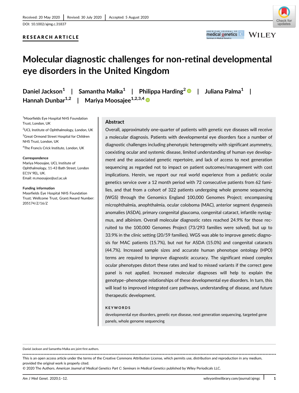 Molecular Diagnostic Challenges for Non‐Retinal Developmental Eye