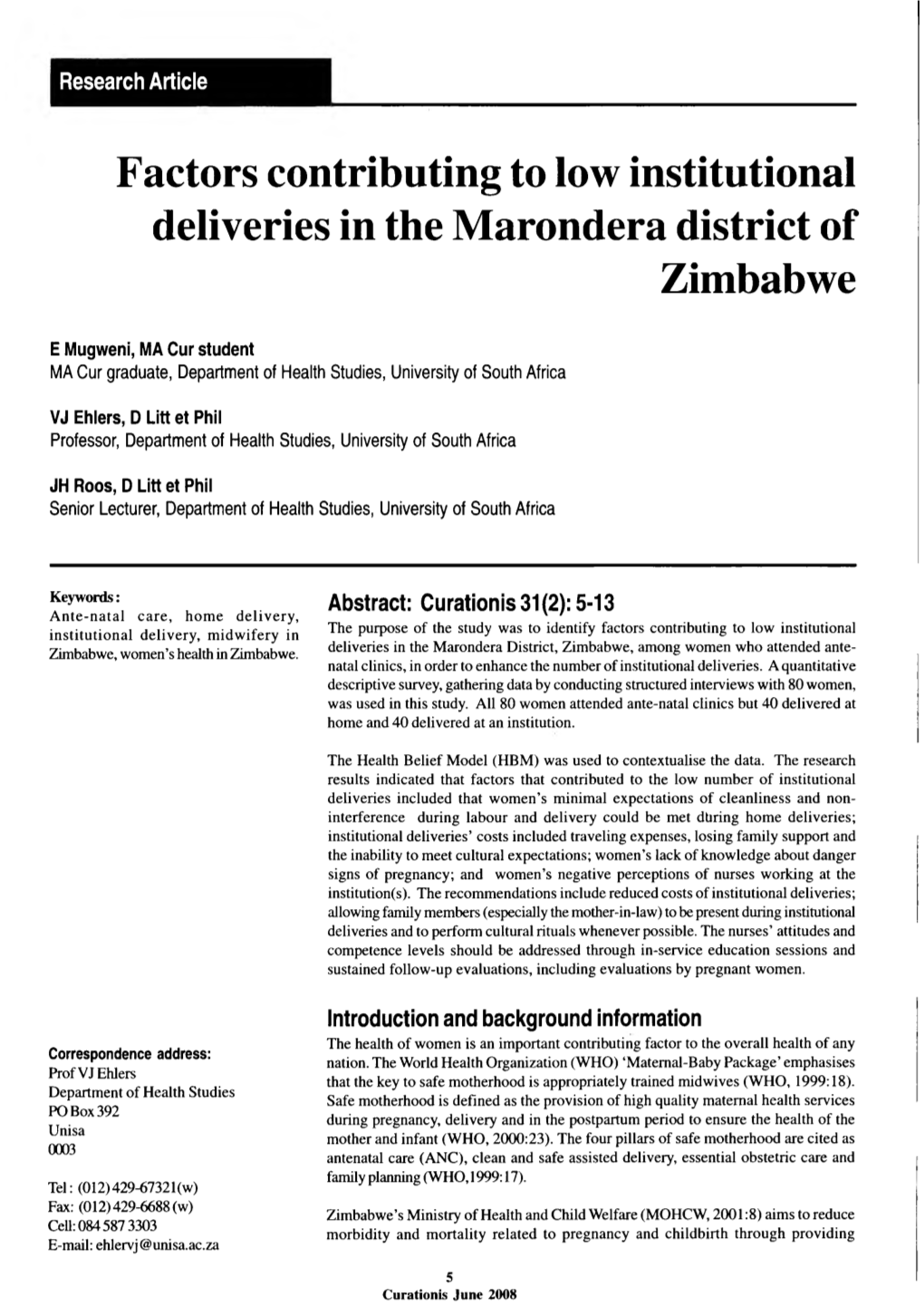 Factors Contributing to Low Institutional Deliveries in the Marondera District of Zimbabwe