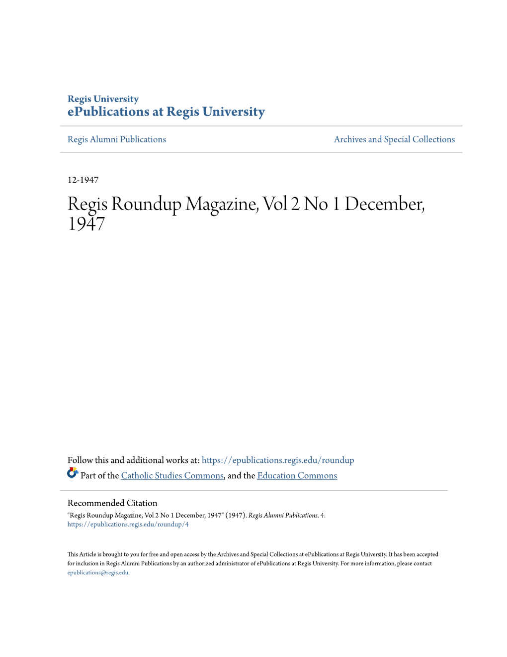 Regis Roundup Magazine, Vol 2 No 1 December, 1947