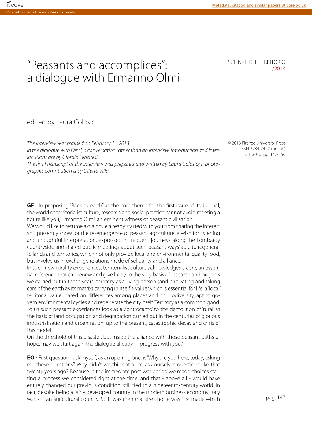 “Peasants and Accomplices”: a Dialogue with Ermanno Olmi