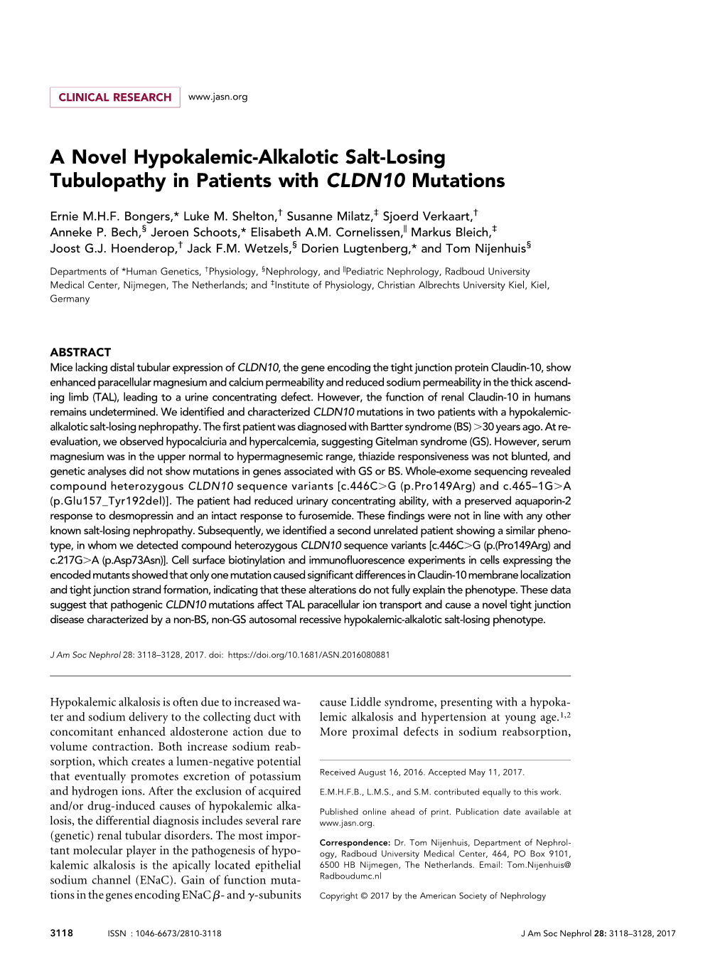 A Novel Hypokalemic-Alkalotic Salt-Losing Tubulopathy in Patients with CLDN10 Mutations