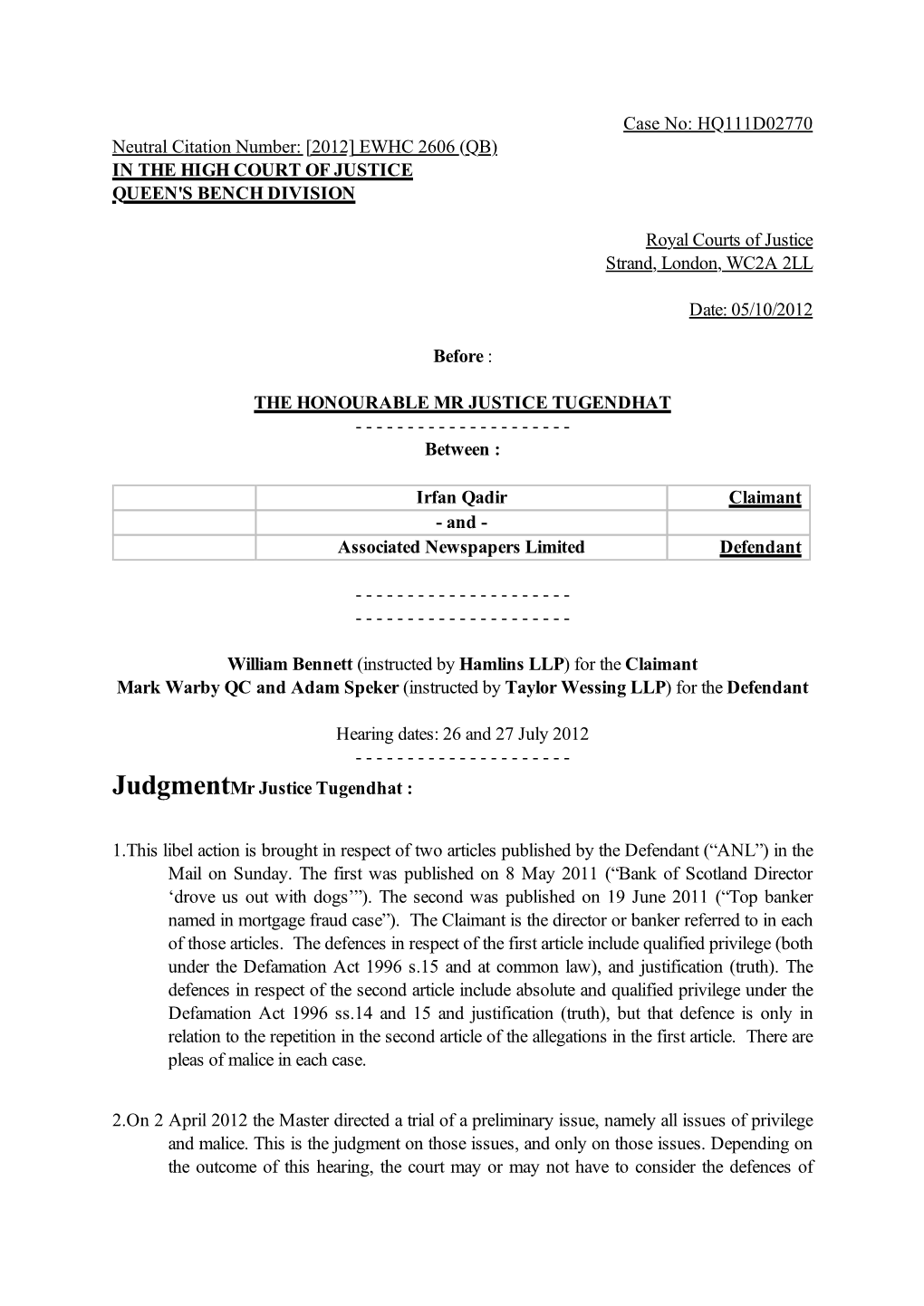 [2012] Ewhc 2606 (Qb) in the High Court of Justice Queen's Bench Division