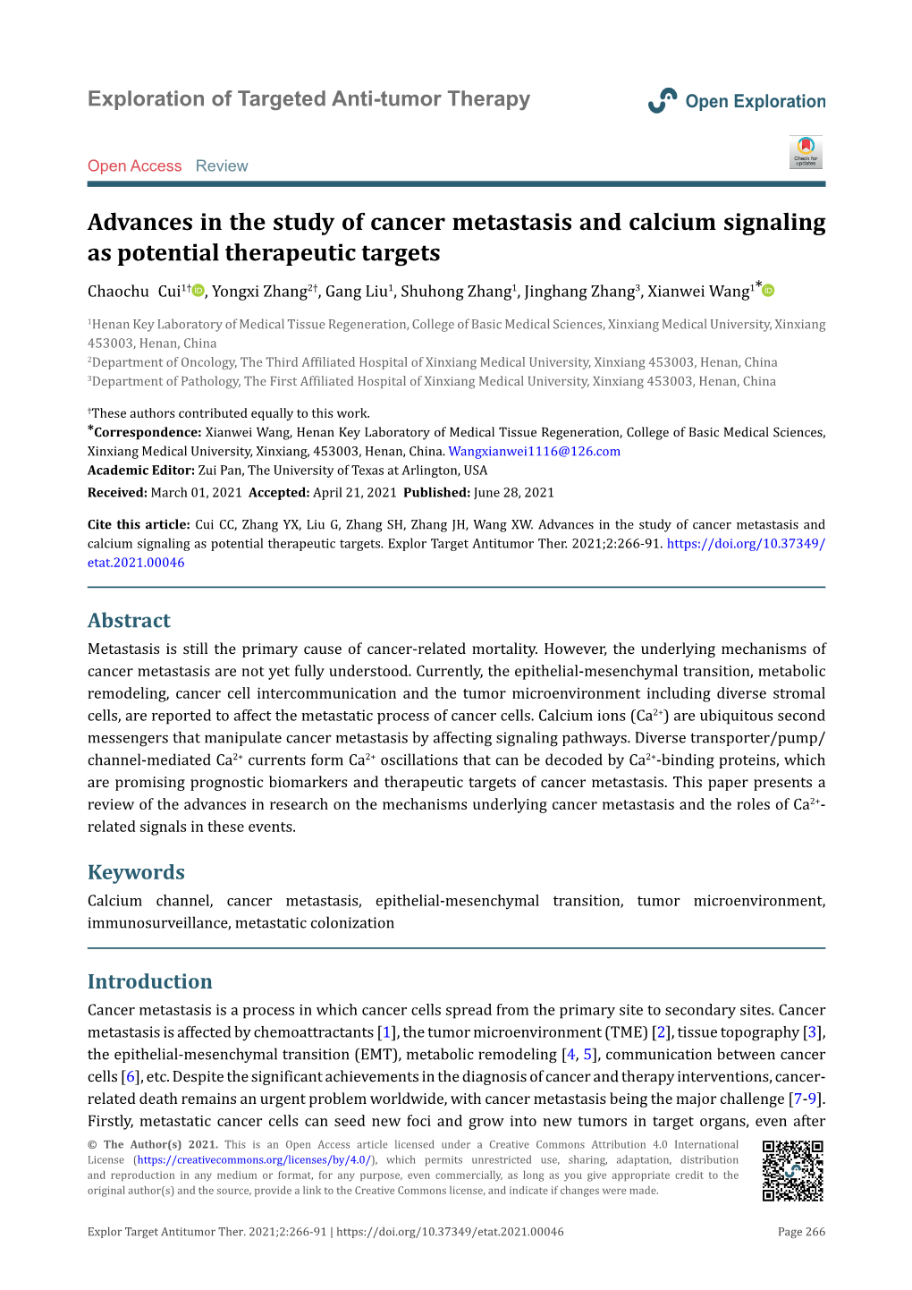 Advances in the Study of Cancer Metastasis and Calcium Signaling