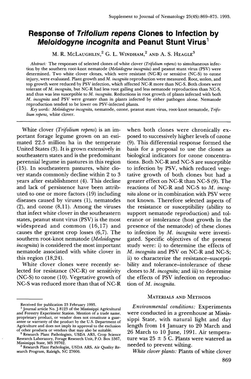 Response of Trifolium Repens Clones to Infection by Meloidogyne Incognita and Peanut Stunt Virus 1