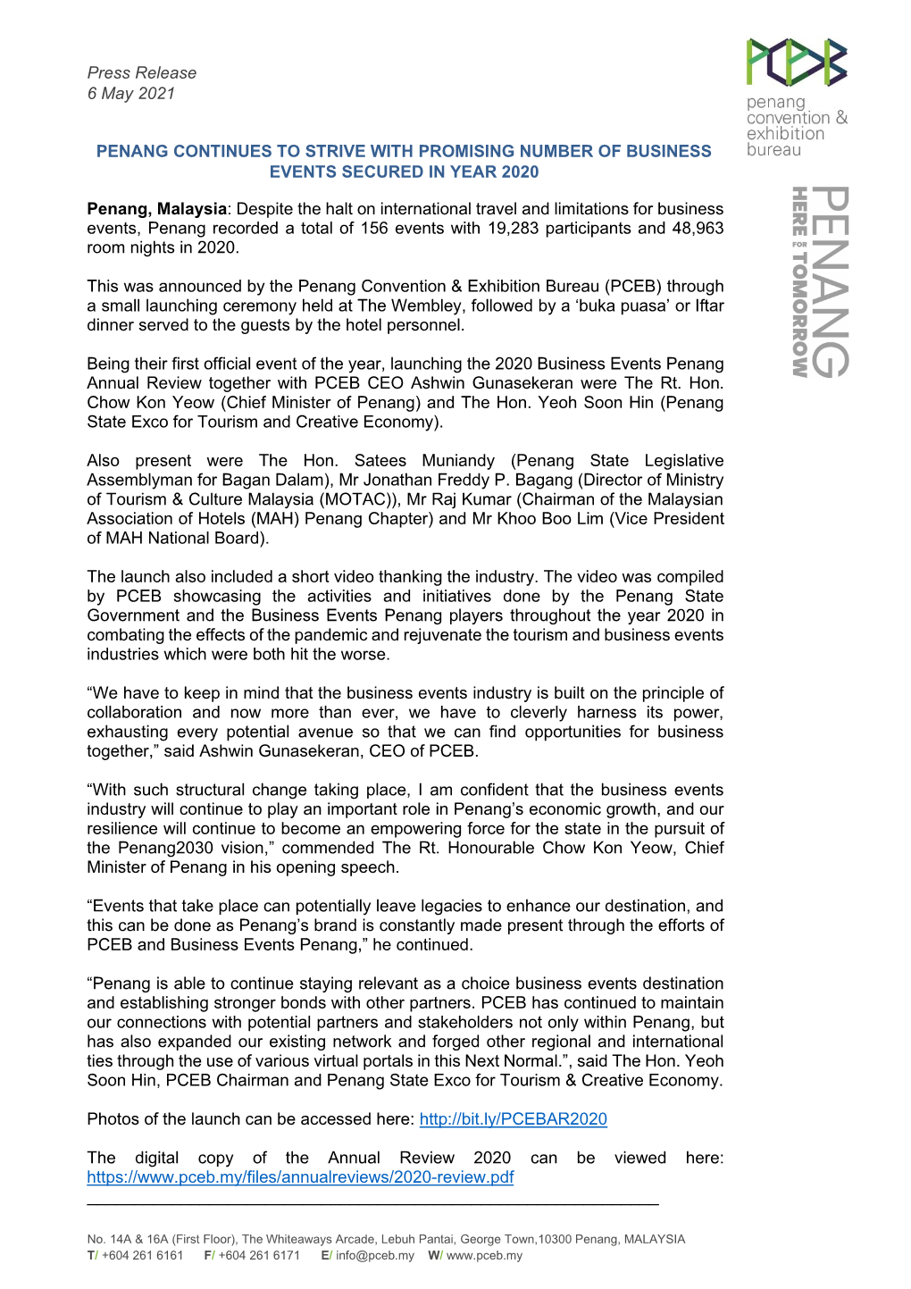 Press Release 6 May 2021 PENANG CONTINUES to STRIVE WITH