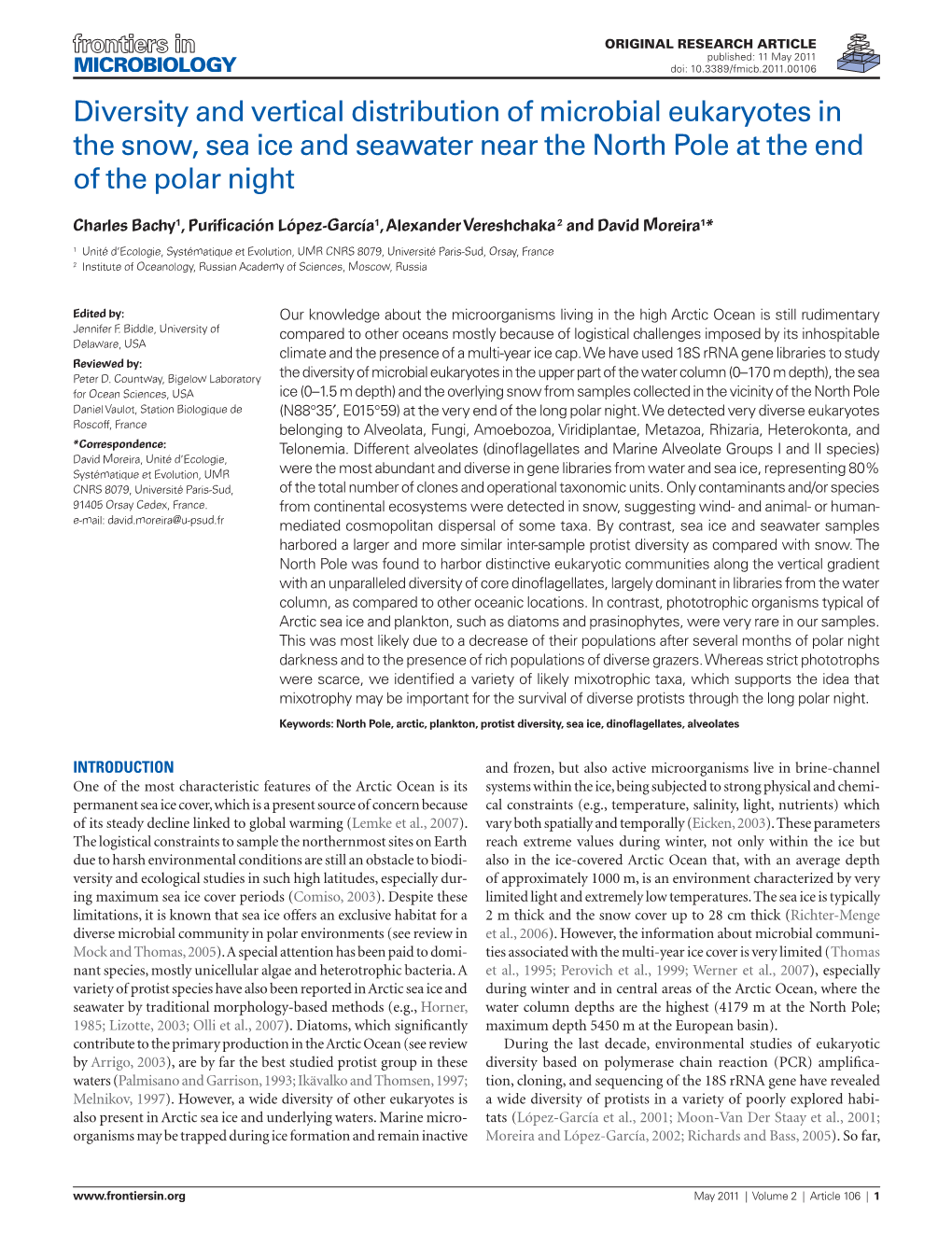 Diversity and Vertical Distribution of Microbial Eukaryotes in the Snow, Sea Ice and Seawater Near the North Pole at the End of the Polar Night