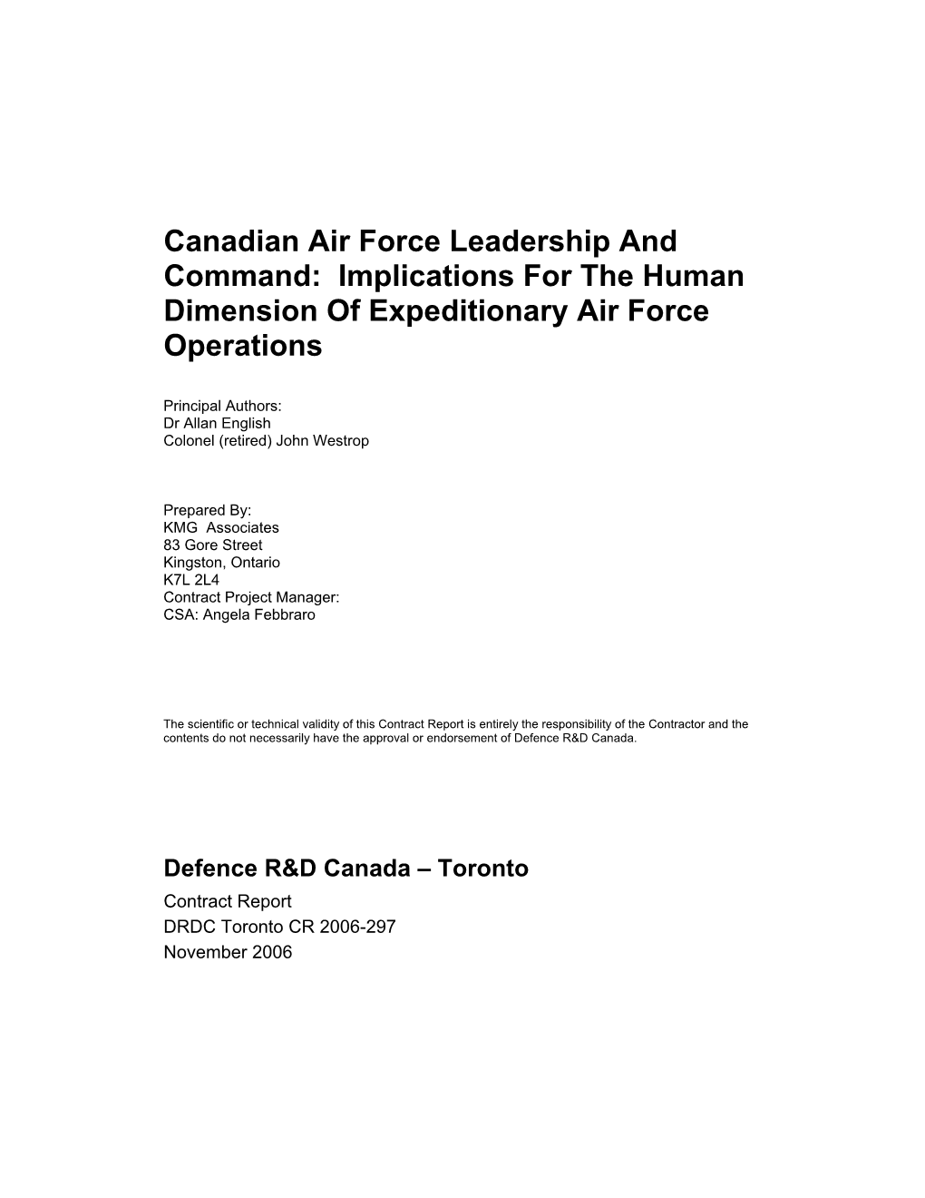 Canadian Air Force Leadership and Command: Implications for the Human Dimension of Expeditionary Air Force Operations