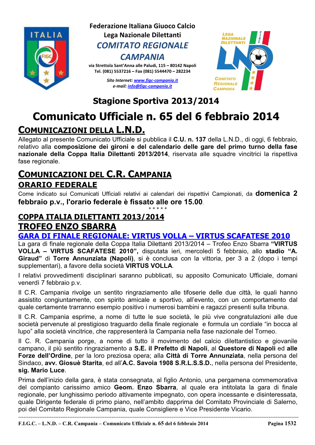 Comunicato Ufficiale N. 65 Del 6 Febbraio 2014