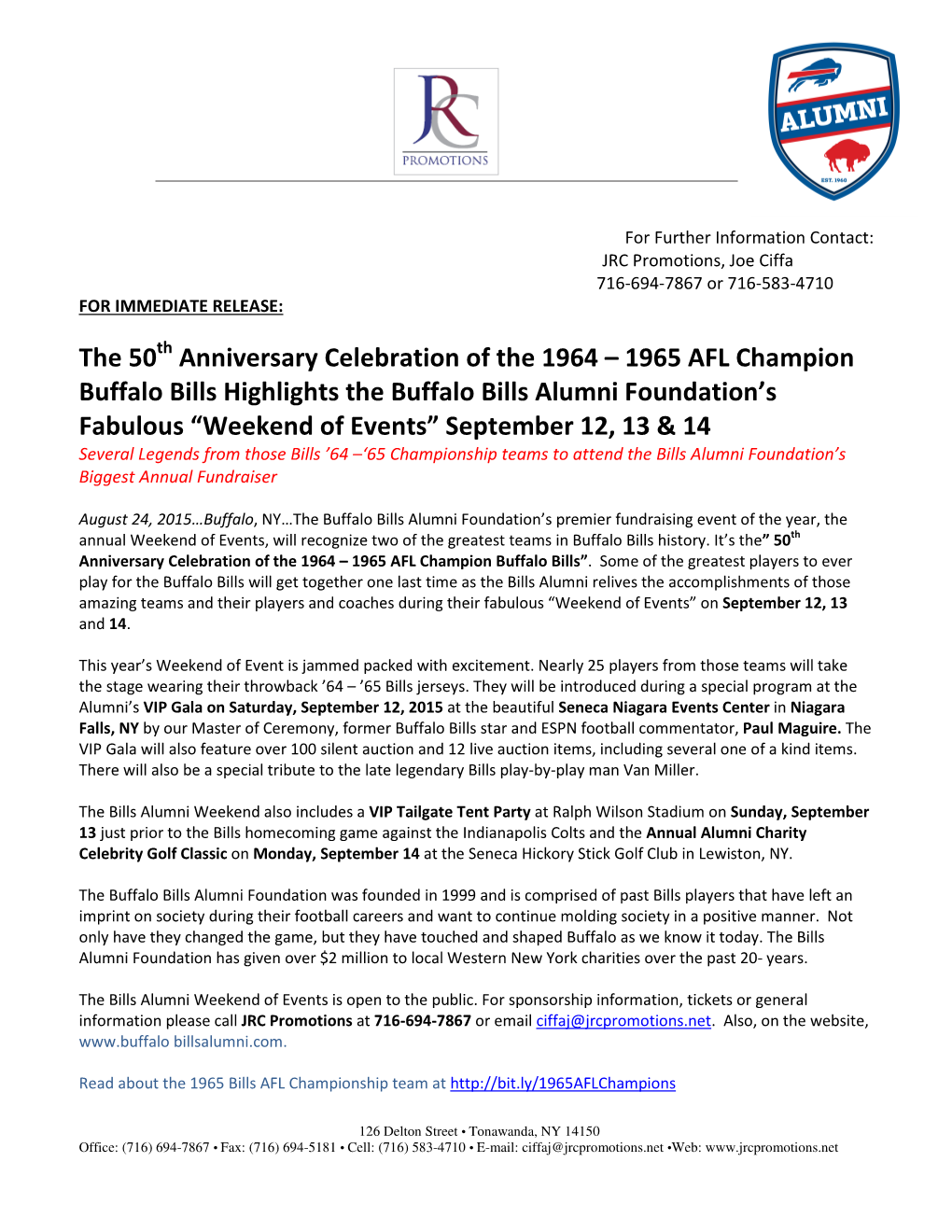 Anniversary Celebration of the 1964 1965 AFL Champion Buffalo Bills