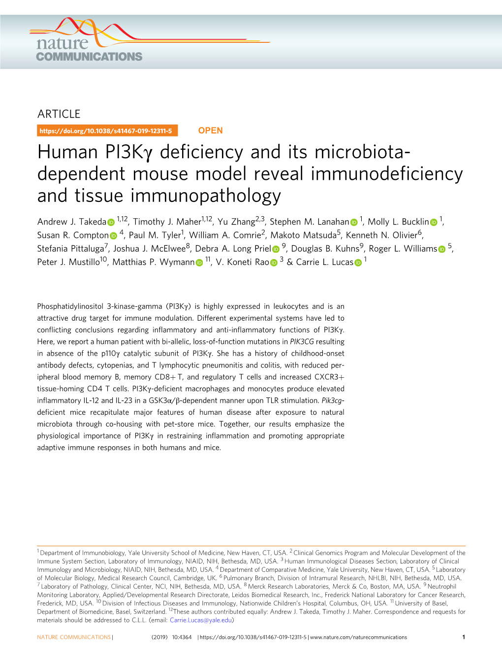 Human PI3KÎ³ Deficiency and Its Microbiota-Dependent Mouse