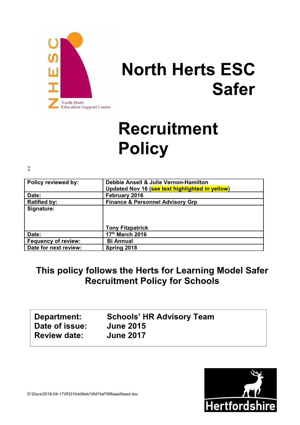 CSF0033 Model Safer Recruitment Policy for Schools