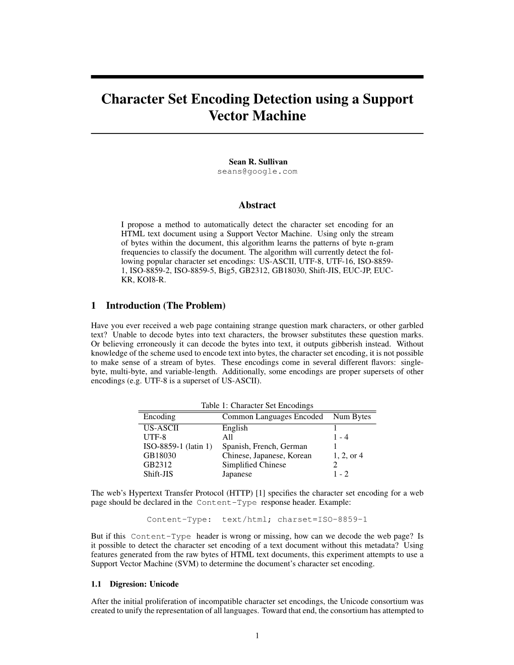 Character Set Encoding Detection Using a Support Vector Machine