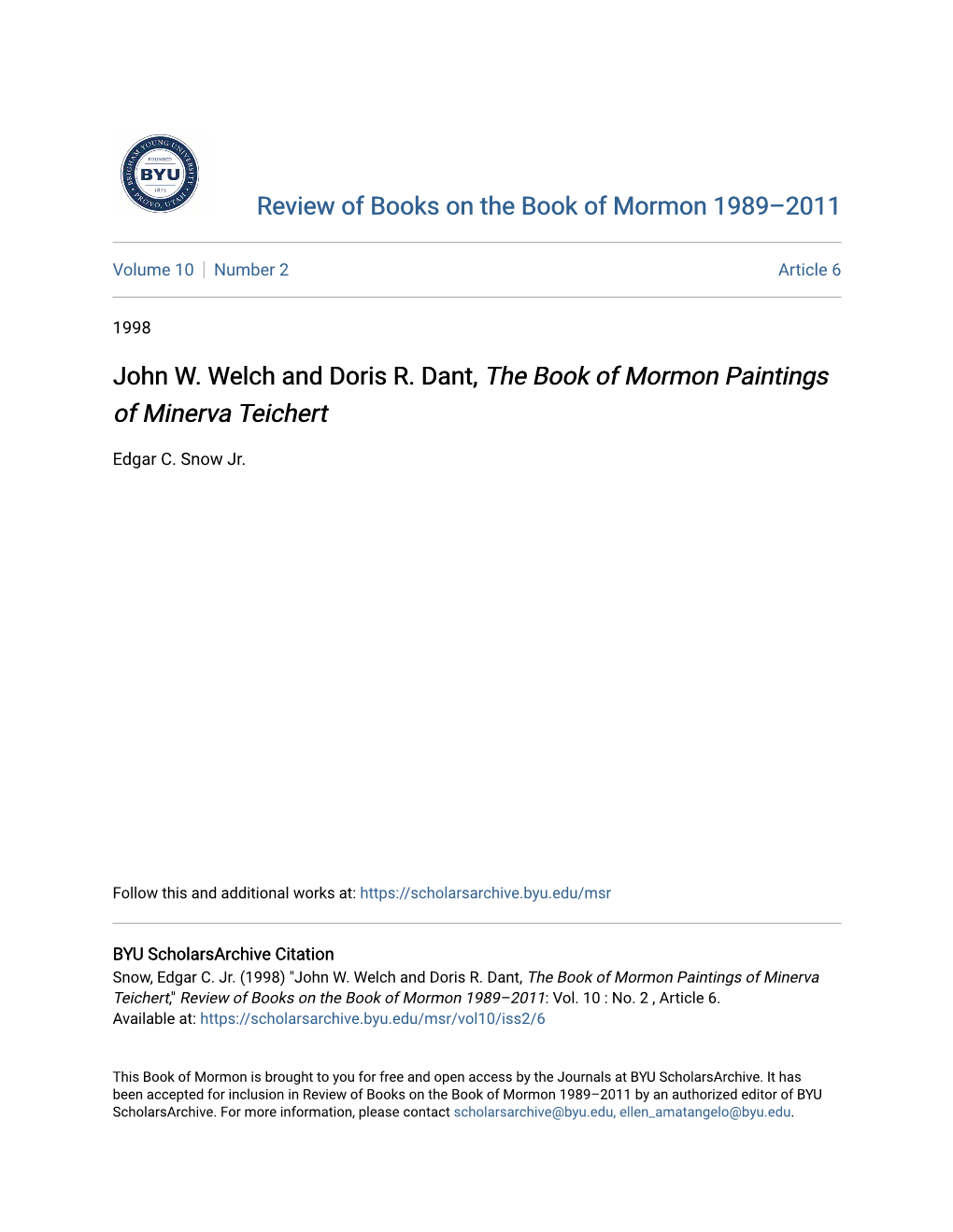 John W. Welch and Doris R. Dant, the Book of Mormon Paintings of Minerva Teichert