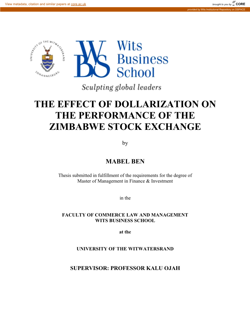 The Effect of Dollarization on the Performance of the Zimbabwe Stock Exchange