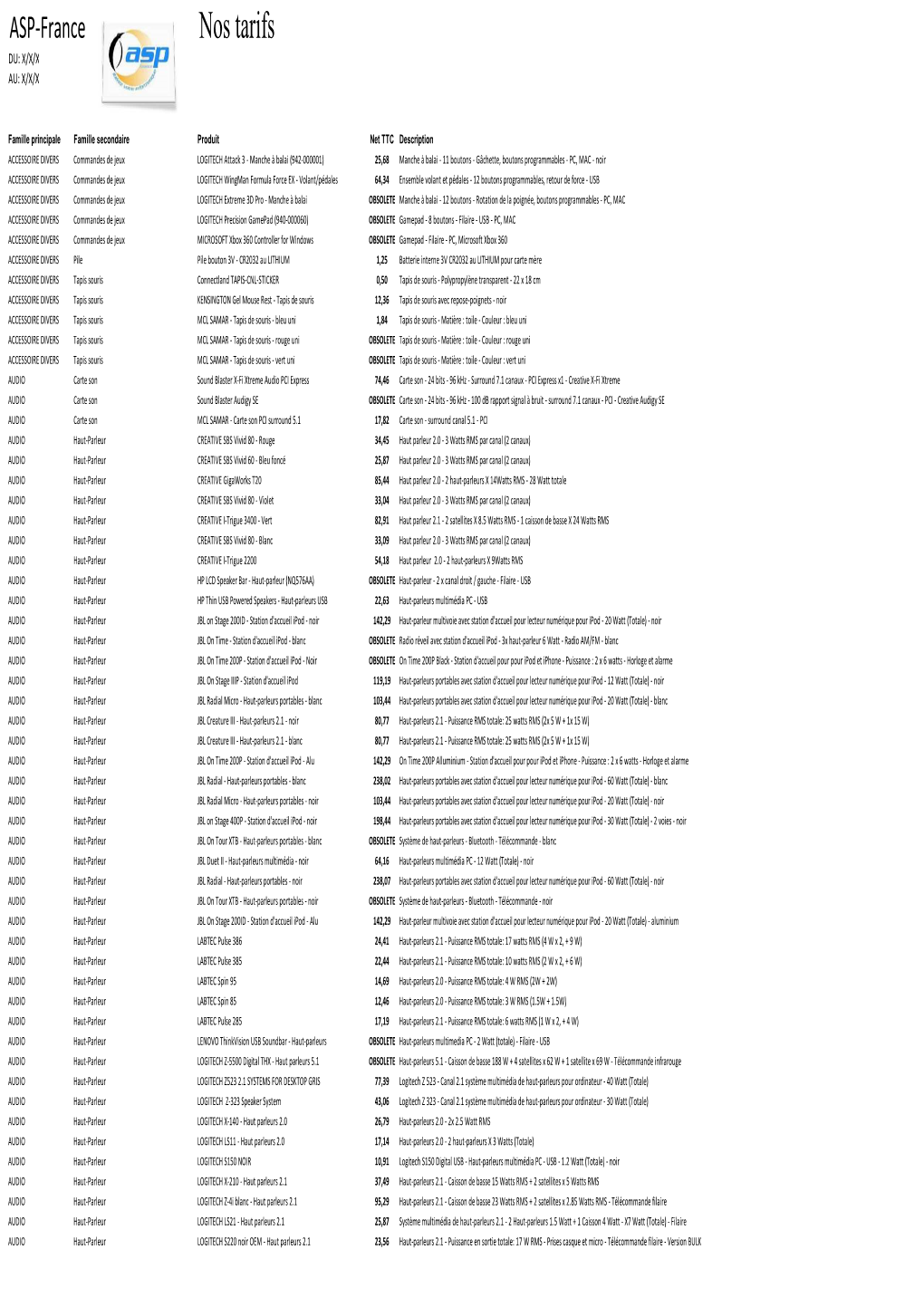 Nos Tarifs DU: X/X/X AU: X/X/X