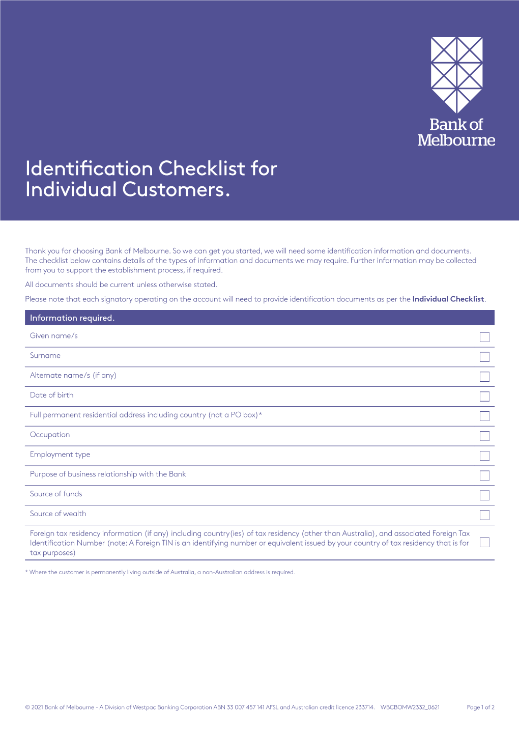 Identification Checklist for Individual Customers