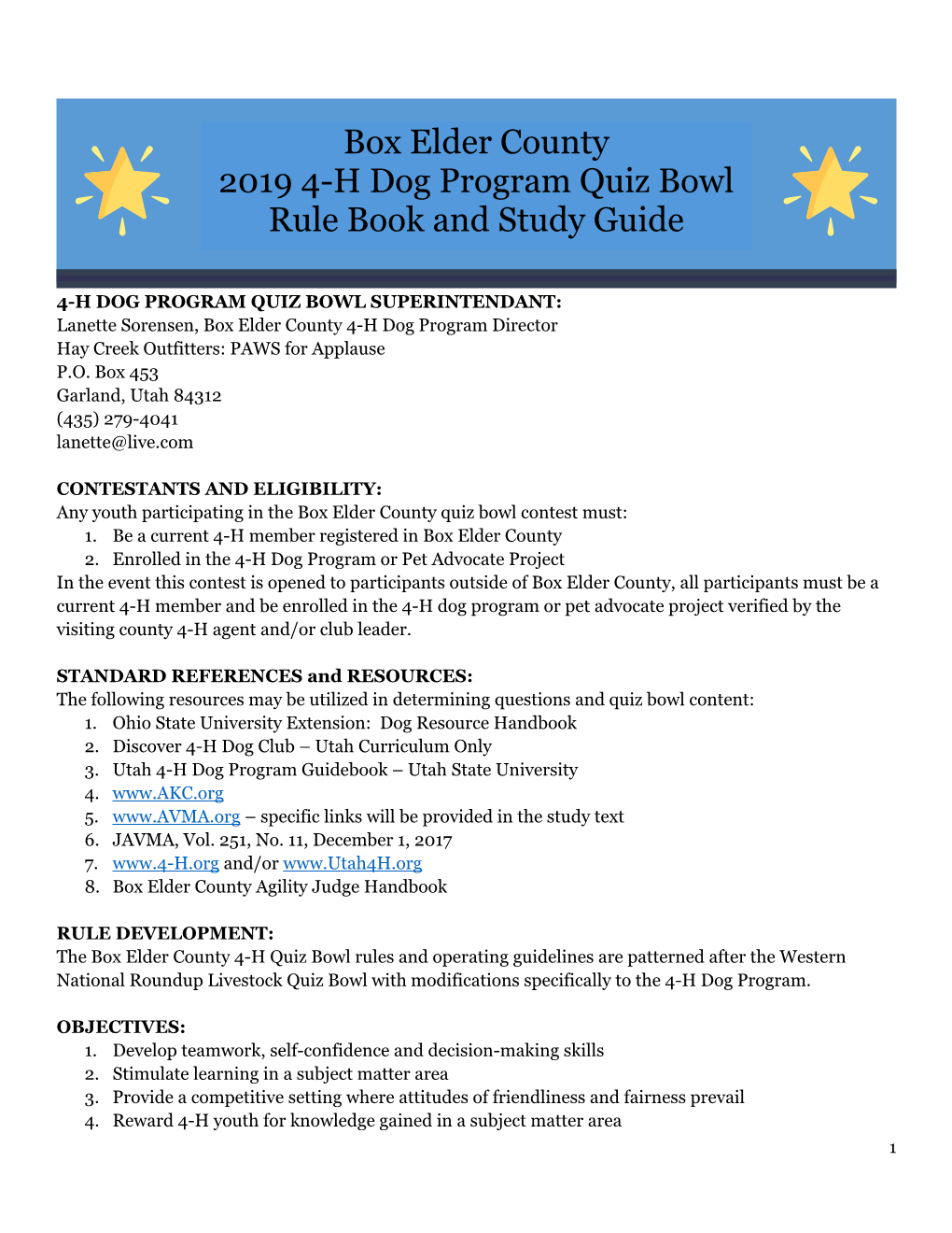Box Elder County 2019 4-H Dog Program Quiz Bowl Rule Book and Study Guide
