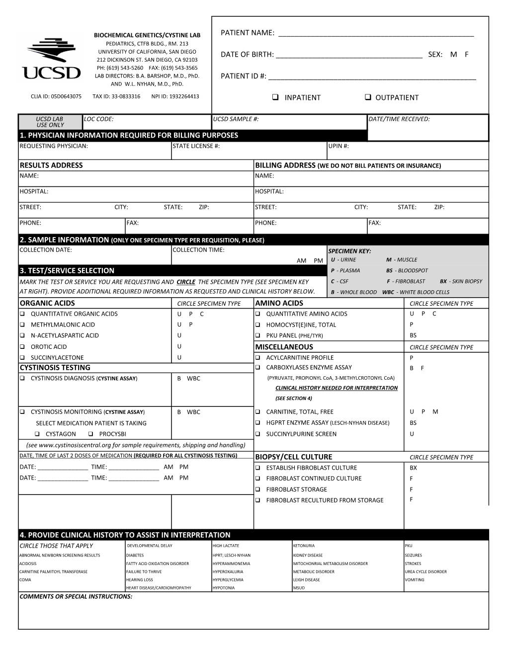 UCSD Biochemical Genetics/Cystine Lab Requisition