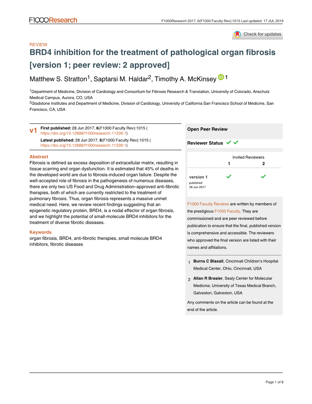 BRD4 Inhibition for the Treatment of Pathological Organ Fibrosis [Version 1; Peer Review: 2 Approved] Matthew S