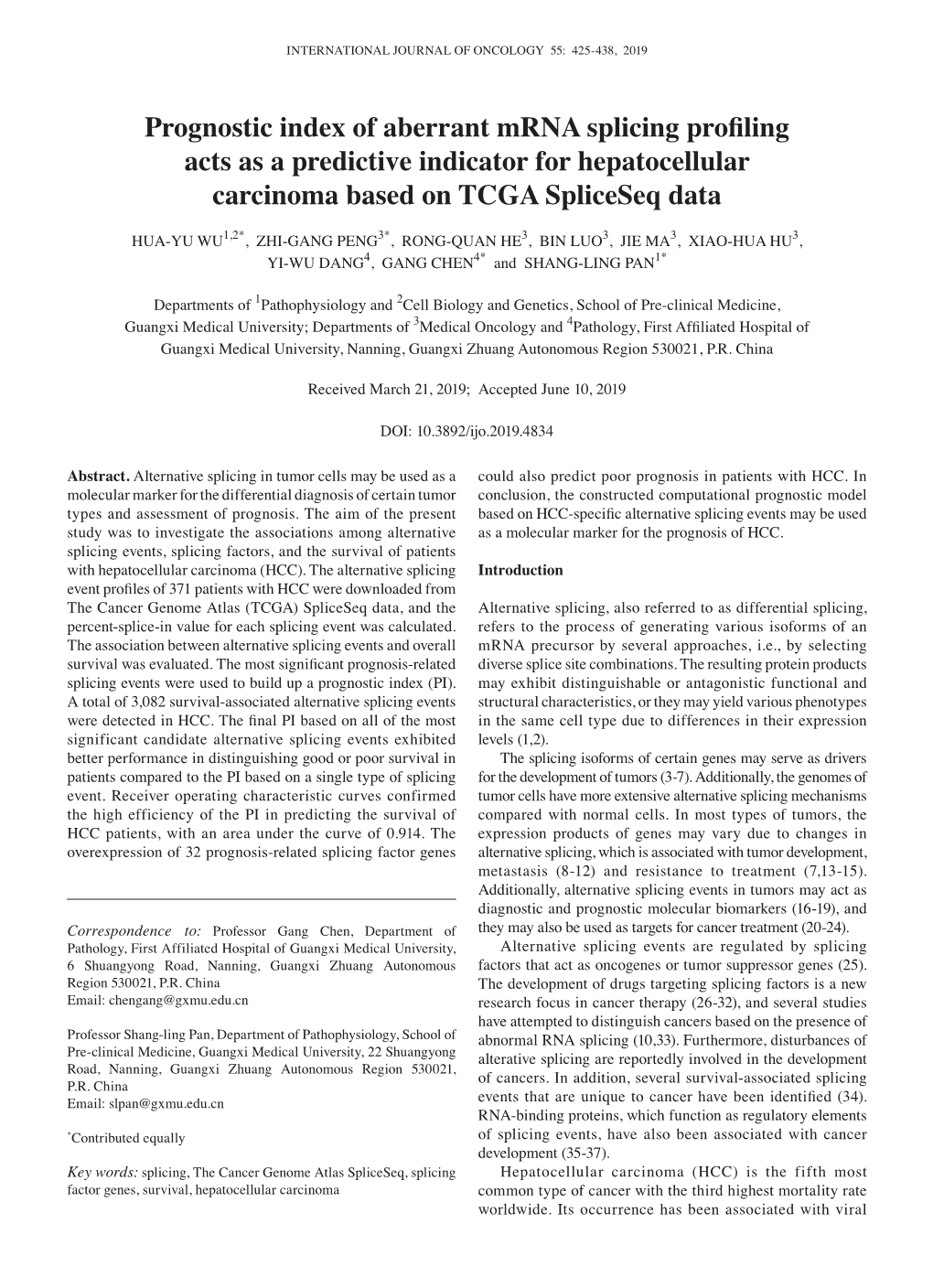 Prognostic Index of Aberrant Mrna Splicing Profiling Acts As a Predictive Indicator for Hepatocellular Carcinoma Based on TCGA Spliceseq Data