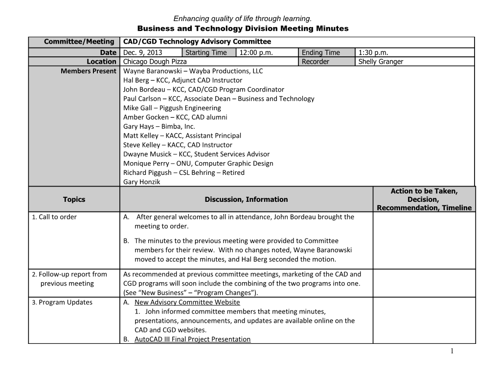 Enhancing Quality of Life Through Learning. Business and Technology Division Meeting Minutes