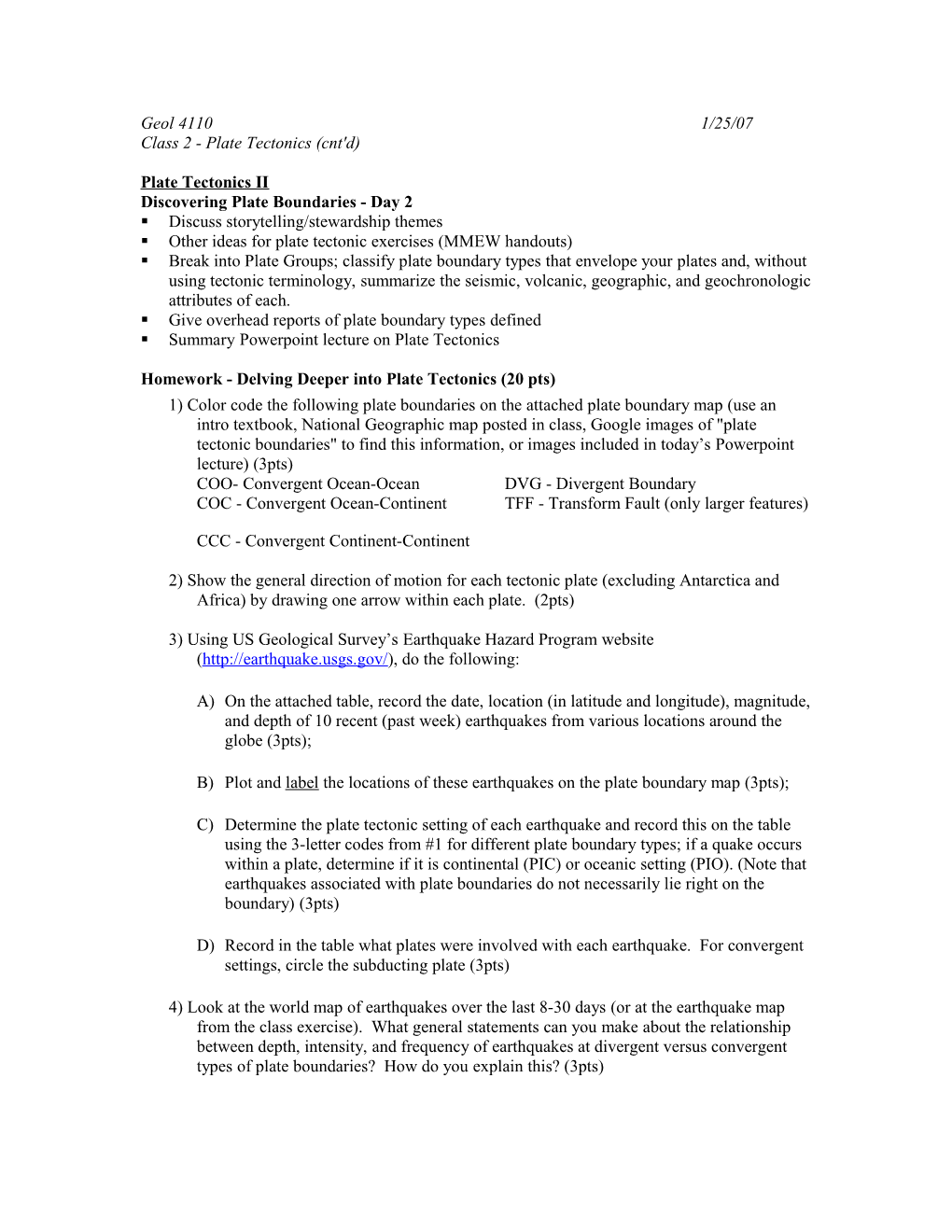 Exercise II - Earthquakes, Volcanoes and Tectonics