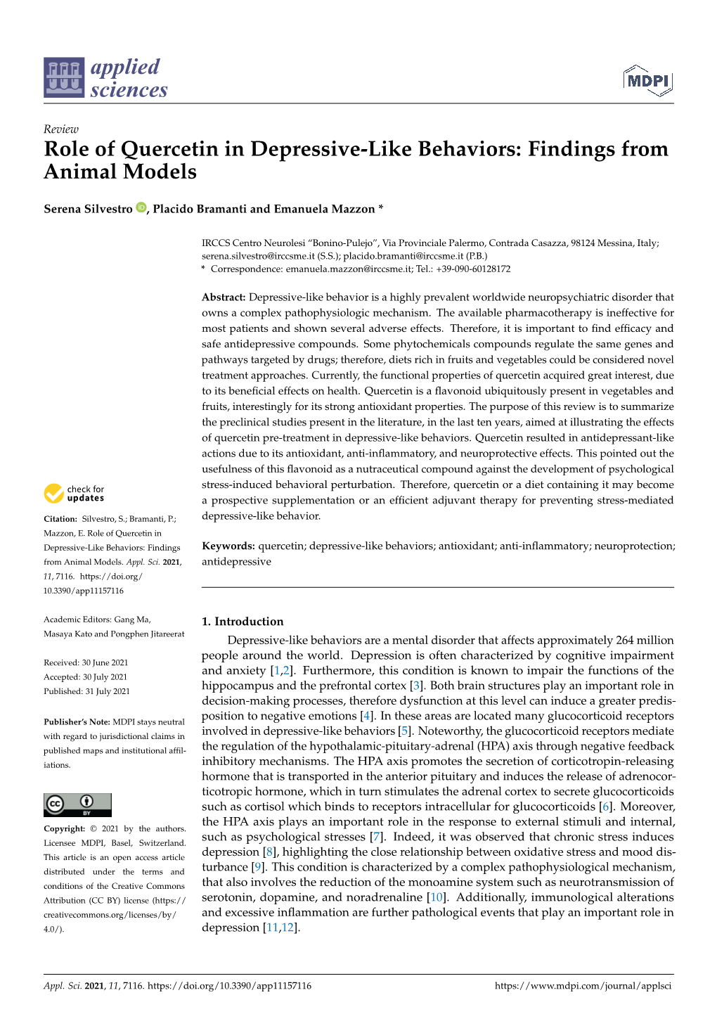 Role of Quercetin in Depressive-Like Behaviors: Findings from Animal Models