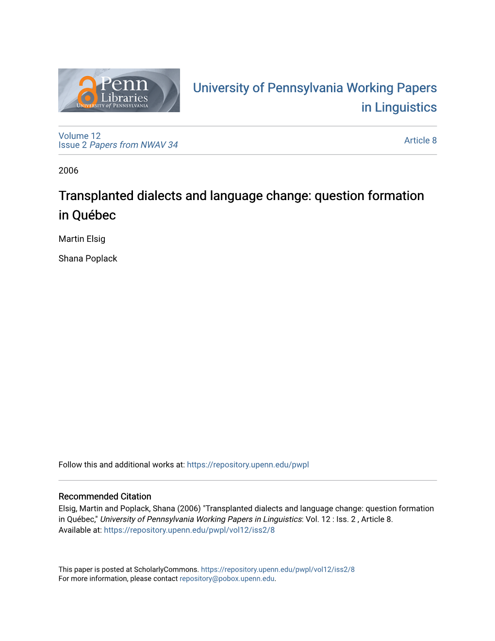 Transplanted Dialects and Language Change: Question Formation in Quã