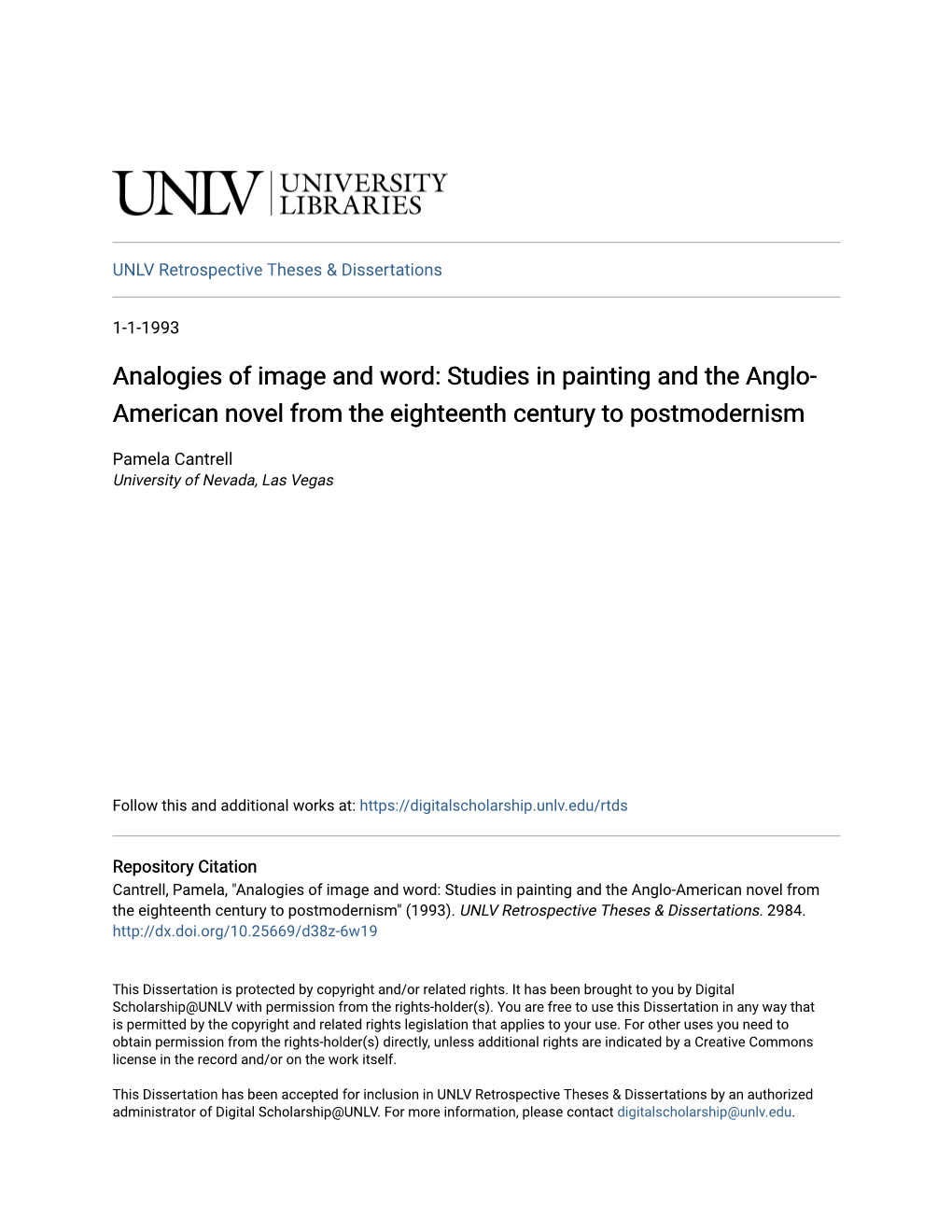 Analogies of Image and Word: Studies in Painting and the Anglo-American Novel from the Eighteenth Century to Postmodernism" (1993)