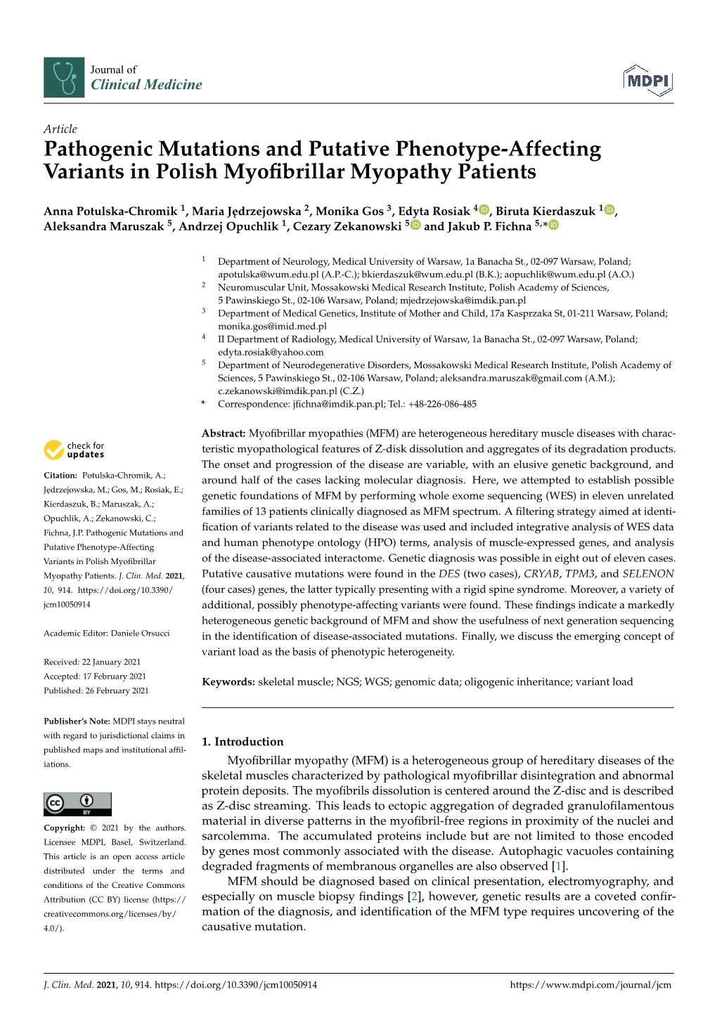 Pathogenic Mutations and Putative Phenotype-Affecting Variants in Polish Myoﬁbrillar Myopathy Patients