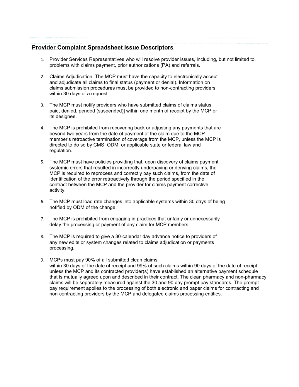 Provider Complaint Spreadsheet Issue Descriptors