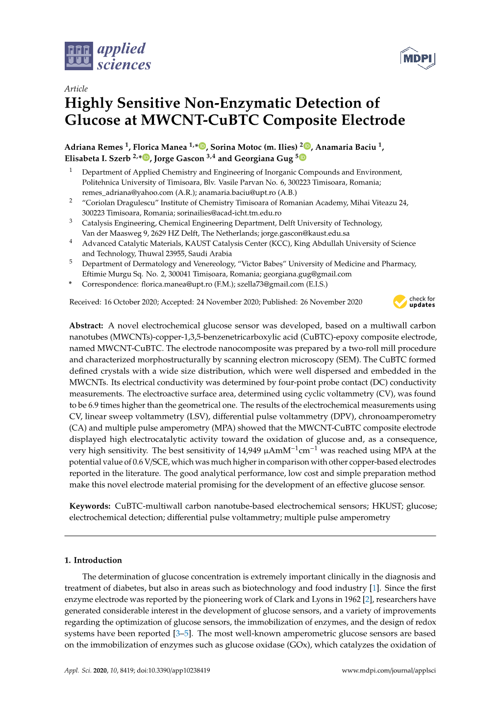 Highly Sensitive Non-Enzymatic Detection of Glucose at MWCNT-Cubtc Composite Electrode