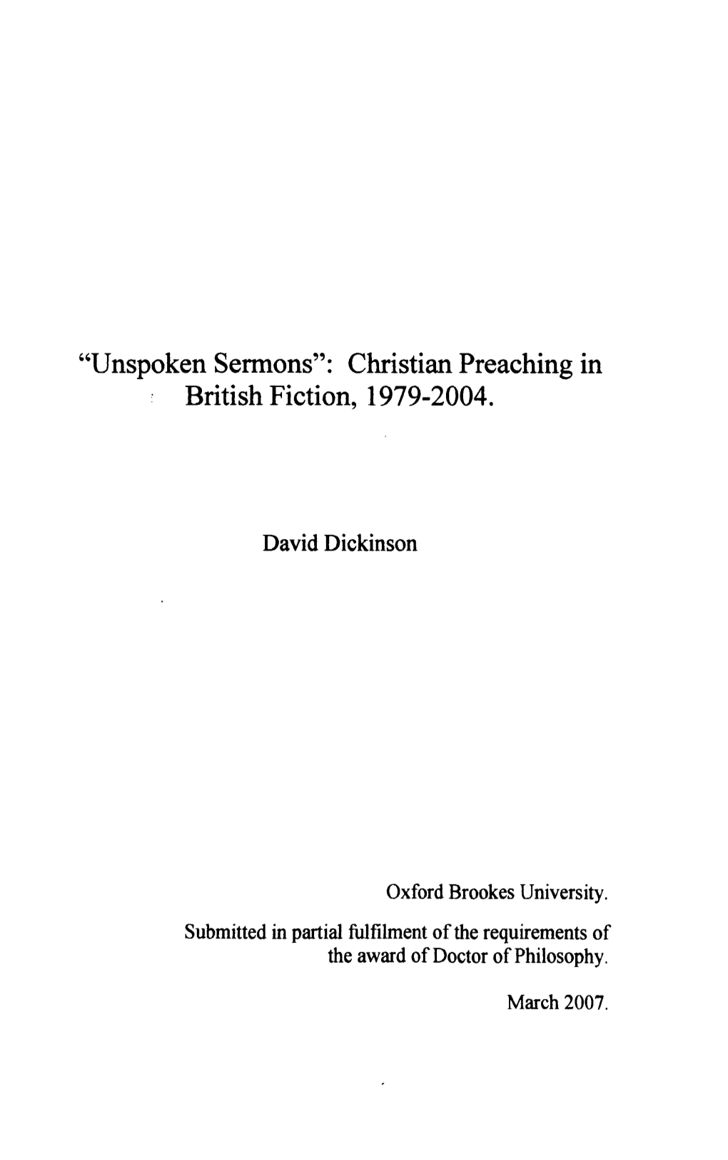 Unspoken Sermons": Christian Preaching in British Fiction, 1979-2004