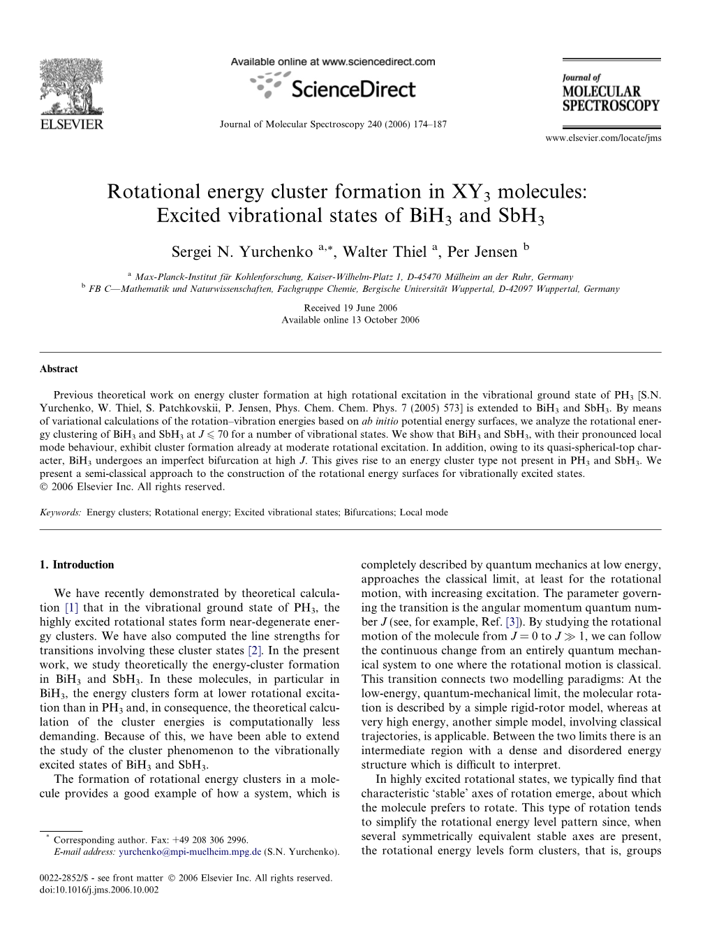 Rotational Energy Cluster Formation in XY3 Molecules: Excited Vibrational States of Bih3 and Sbh3