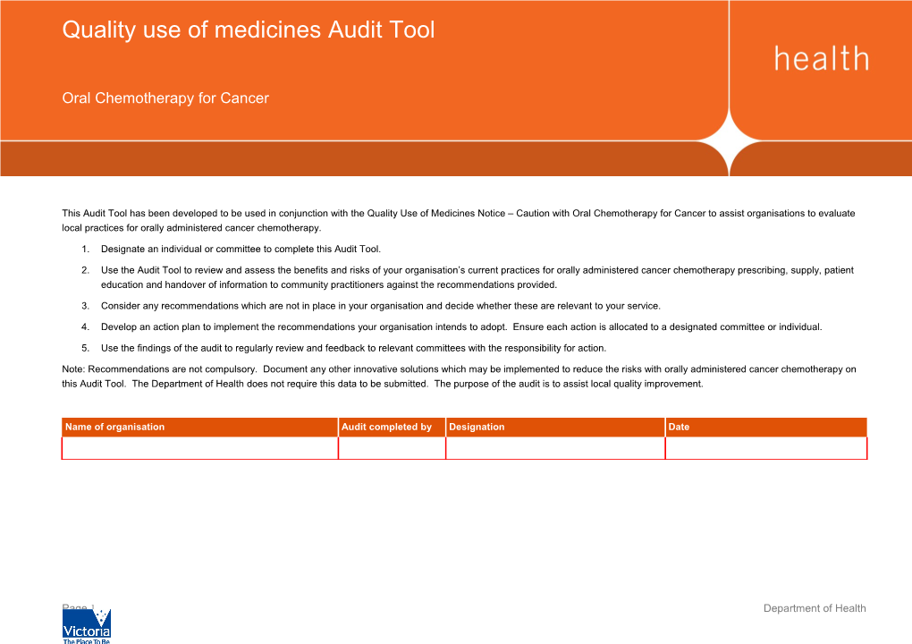 Oral Chemotherapy for Cancer Audit Tool