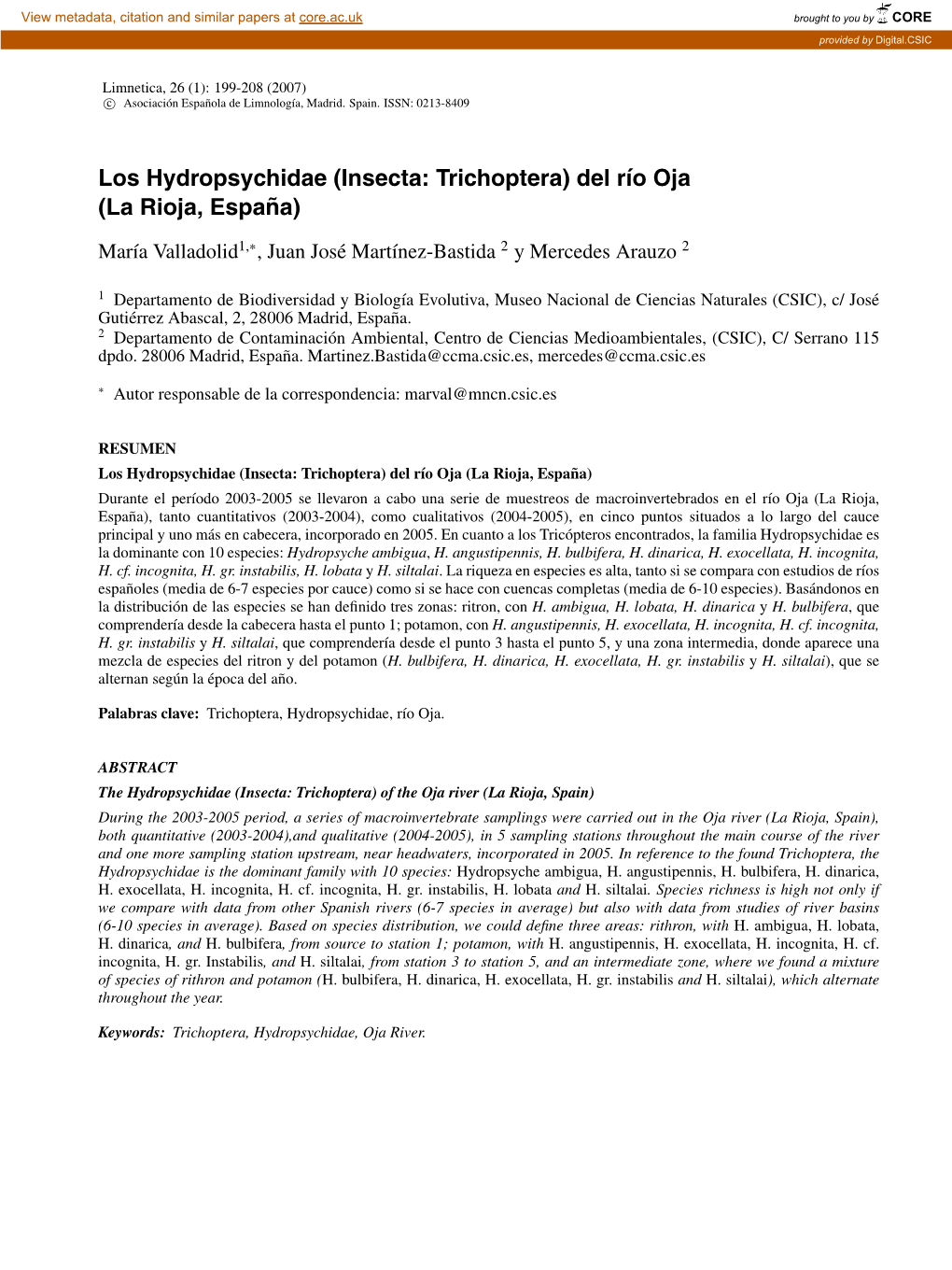 Insecta: Trichoptera) Del Rıo Oja (La Rioja, Espa ˜Na