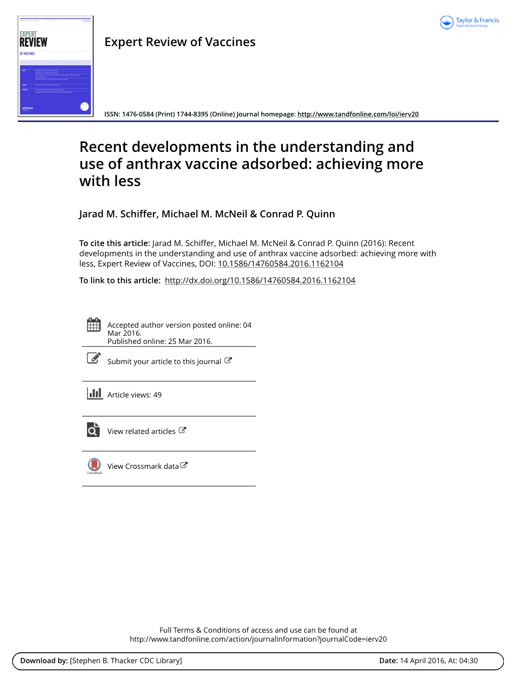 Recent Developments in the Understanding and Use of Anthrax Vaccine Adsorbed: Achieving More with Less