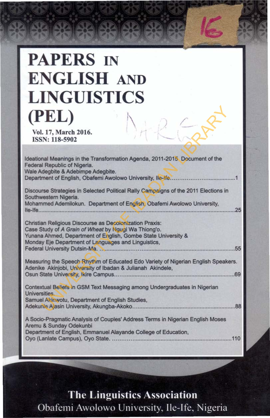 PAPERS in ENGLISH and LINGUISTICS (PEL) Vol