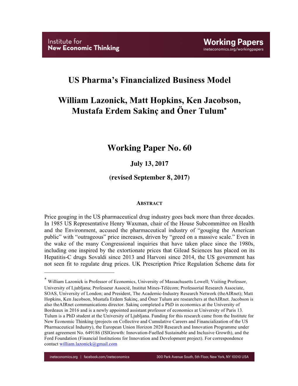 US Pharma's Financialized Business Model William Lazonick, Matt