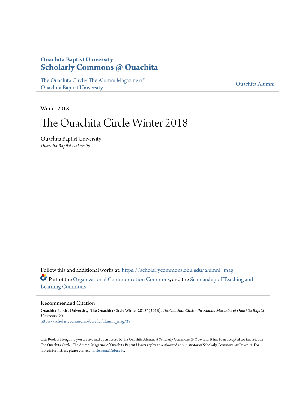 The Ouachita Circle Winter 2018 Ouachita Baptist University Ouachita Baptist University