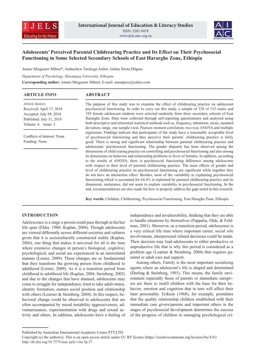 Adolescents' Perceived Parental Childrearing Practice and Its Effect