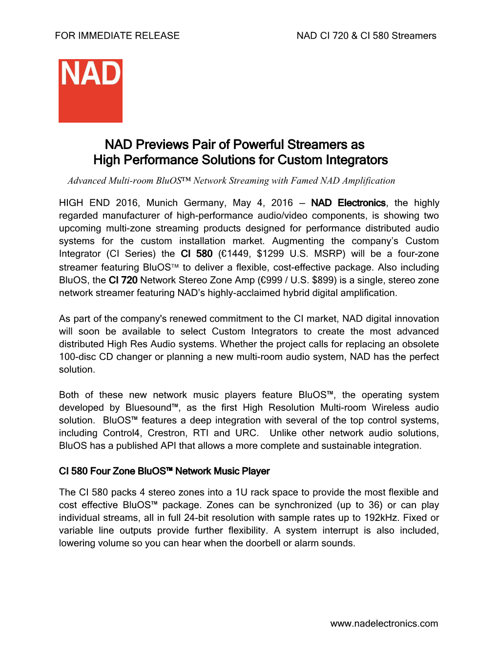 FOR IMMEDIATE RELEASE NAD CI 720 & CI 580 Streamers